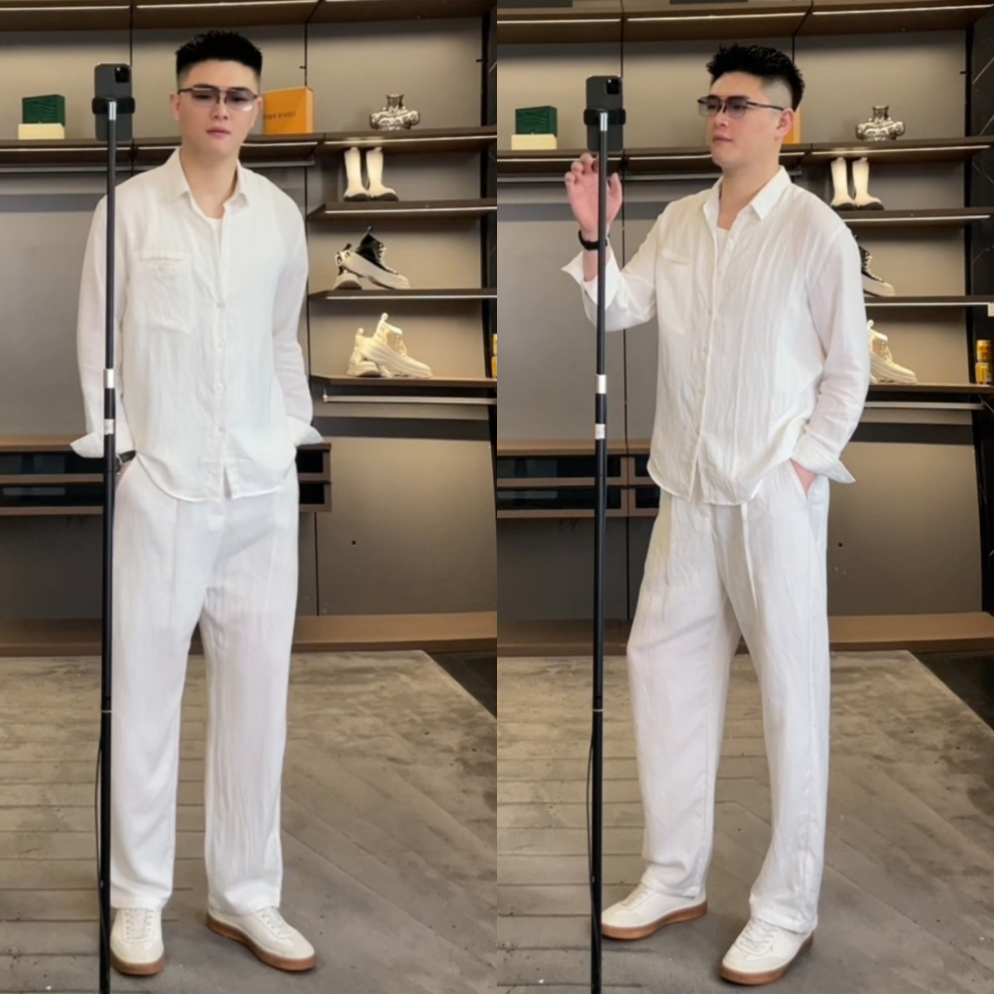 夏季新款男士老钱风松弛感慵懒透气垂感衬衫休闲裤减龄百搭套装男