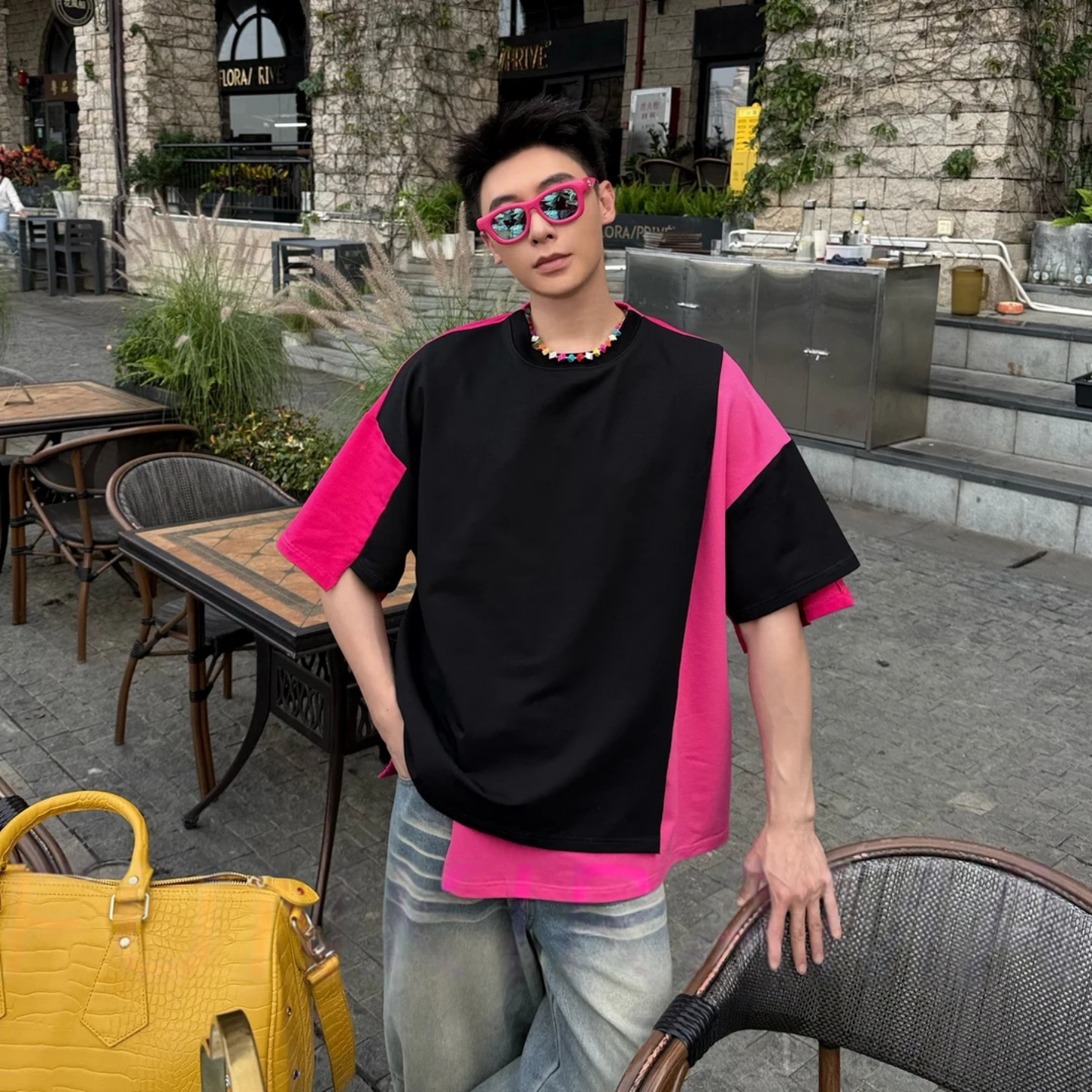 宽松潮流撞色拼接设计款短袖T恤