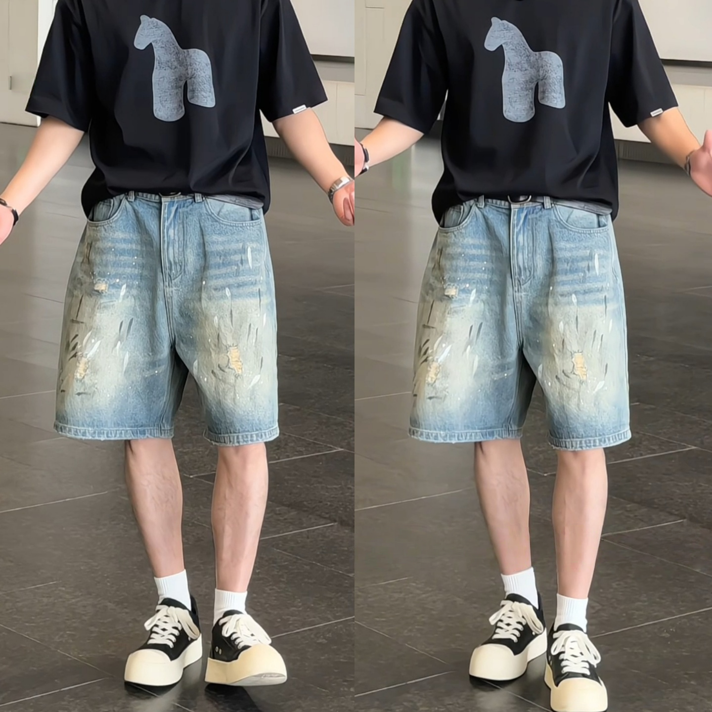 夏季新款街头风潮流痞帅直筒破洞五分裤美式复古泼墨涂鸦牛仔短裤