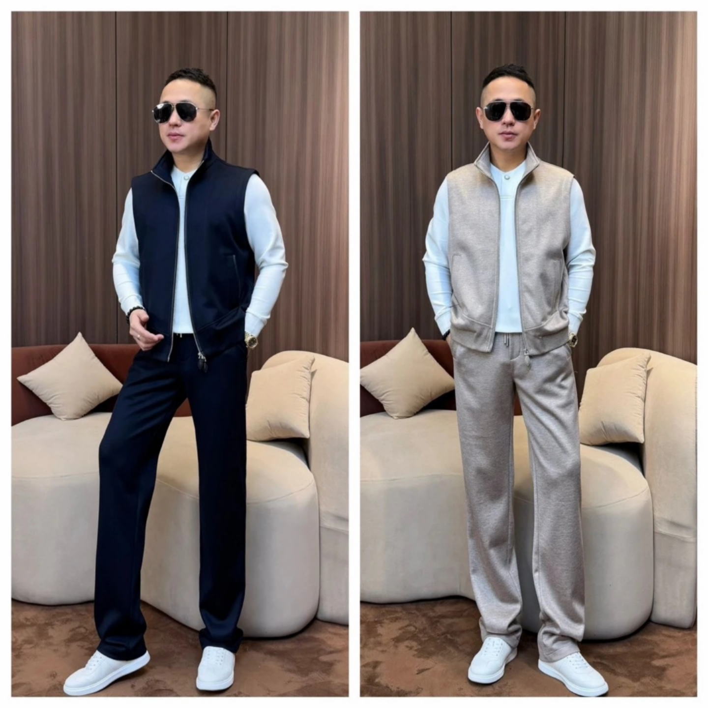立领无袖马甲长裤休闲时尚套装
