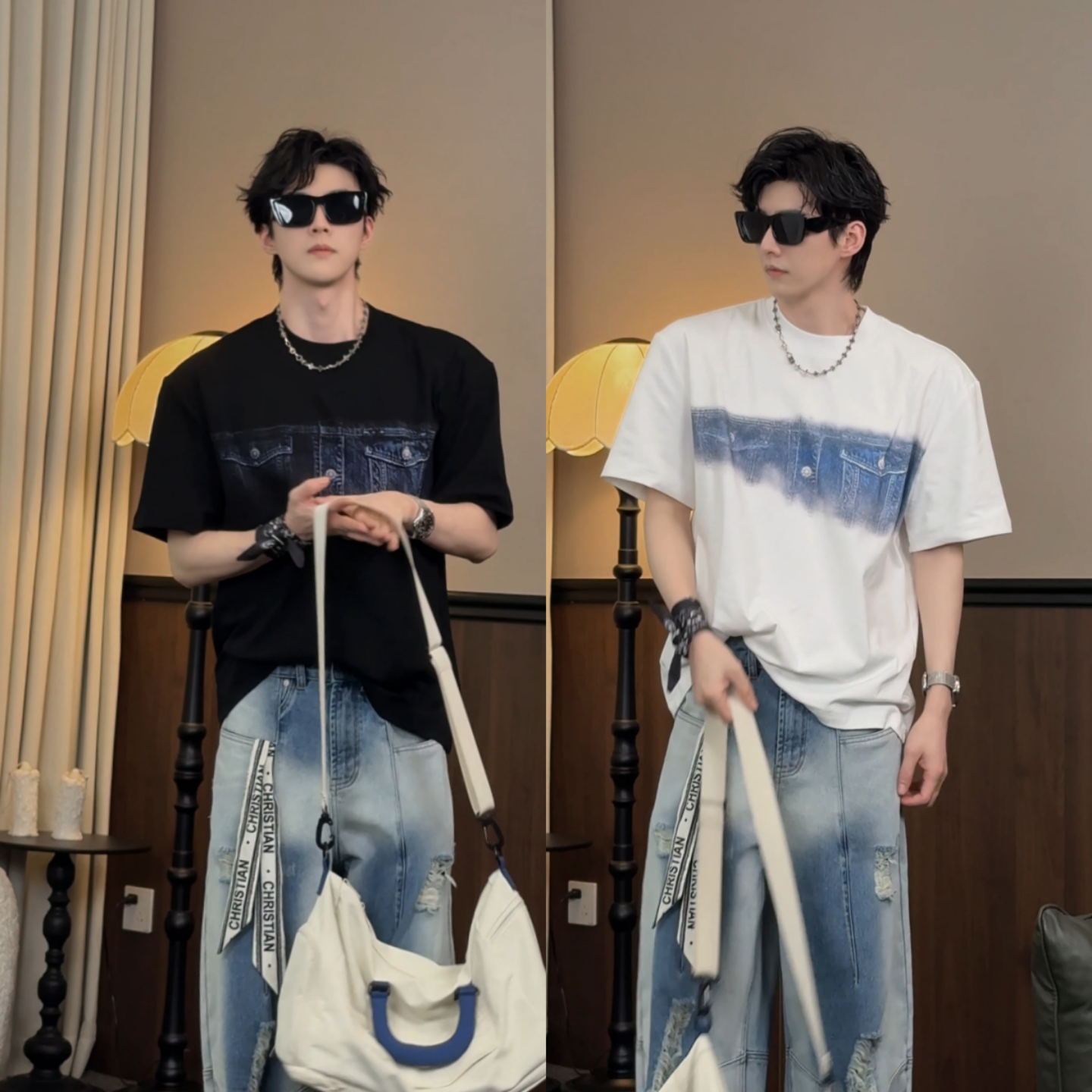 春夏季男新款时尚高街风黑色短袖潮牌渐变图案圆领宽松个性T恤衫
