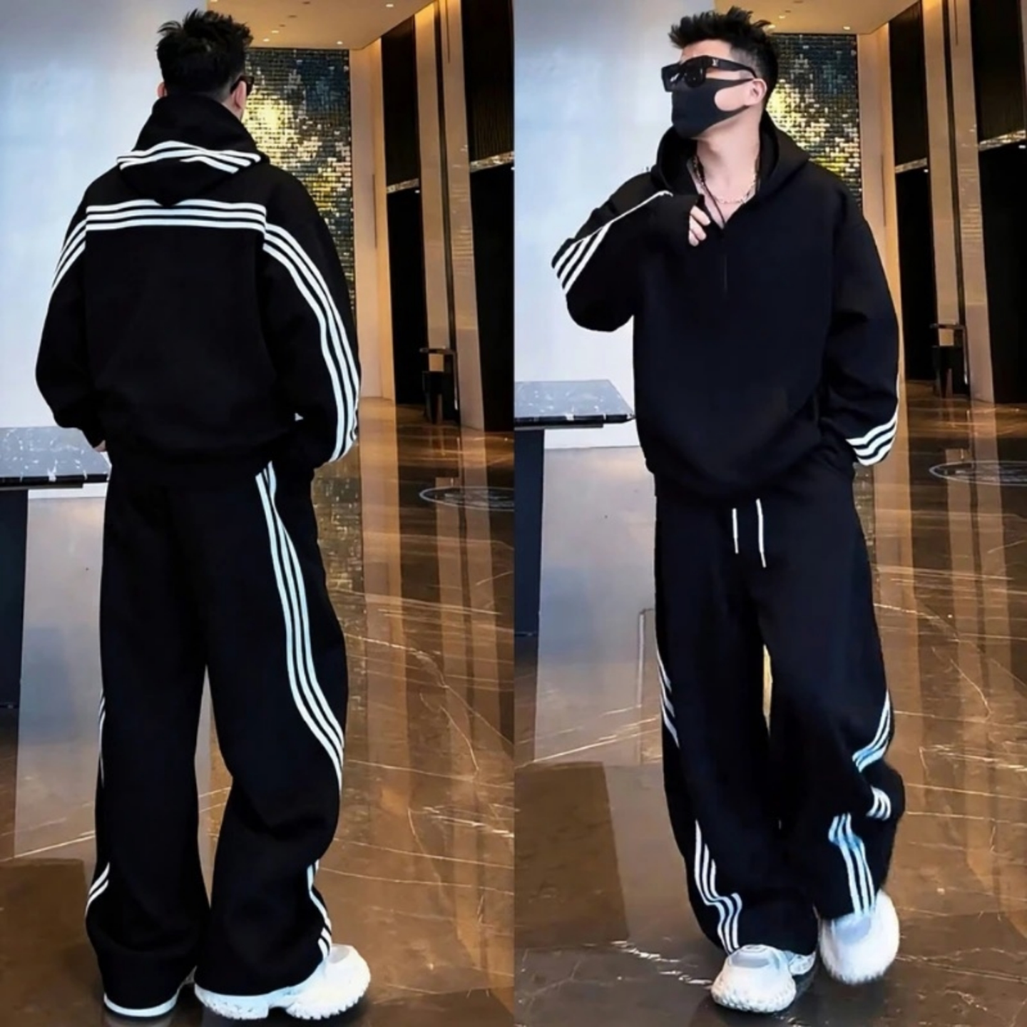 潮牌连帽半拉链卫衣卫裤两件套