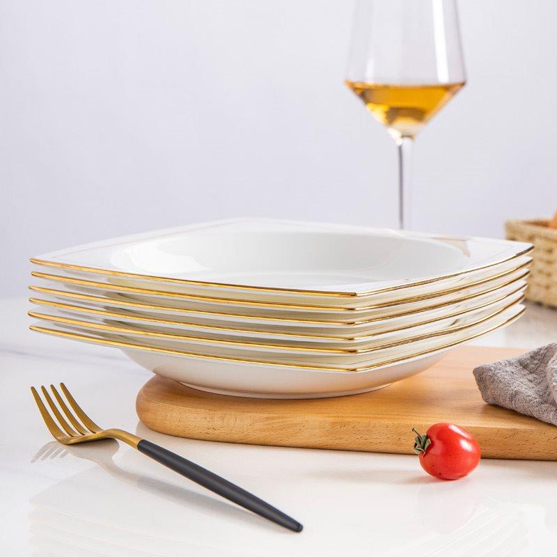 R^骨瓷金边盘子菜盘家用陶瓷碟子餐盘创意水果盘方形菜碟餐具套装