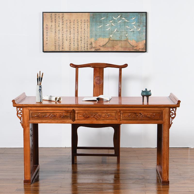 五福书桌仿古书法桌家用老板办公桌画案国学书画实木书桌中式雕花