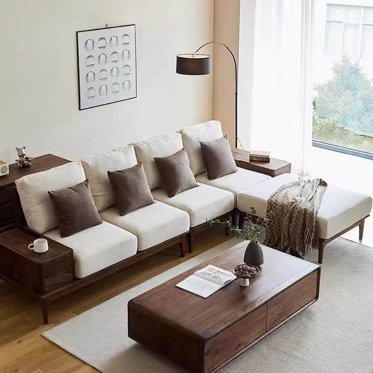 北欧黑胡桃木实木沙发组合现代简约高端布艺转角沙发客厅原木贵妃