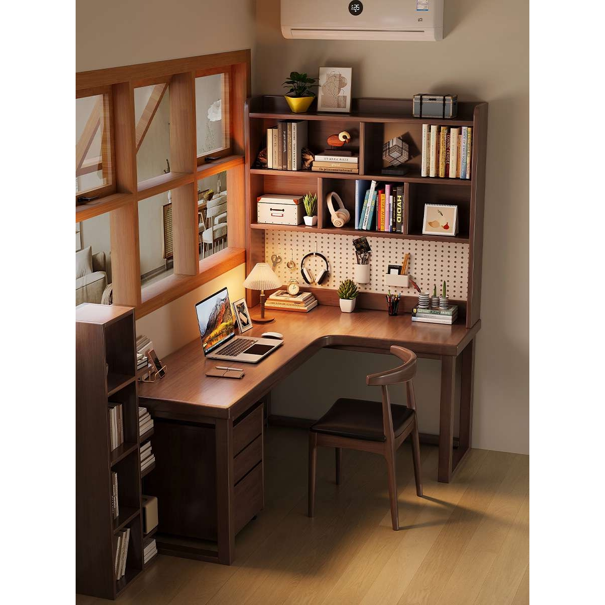 实木转角书桌书架一体L型卧室转角靠墙办公学习桌带洞洞板电脑桌