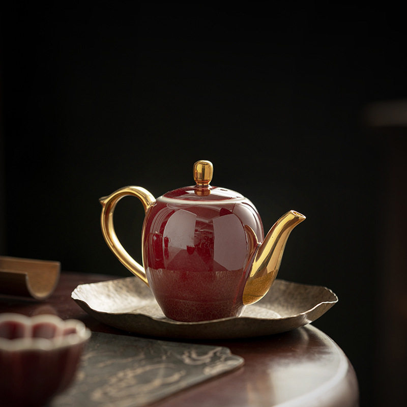 宫廷风精品郎红茶壶 中国红釉小茶壶 美人肩单壶 陶瓷功夫泡茶器
