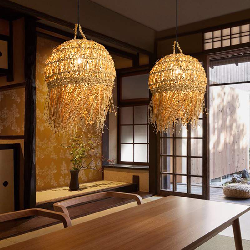 日式田园风复古藤编吊灯东南亚民宿茶室饭店客厅餐厅手工编织灯具