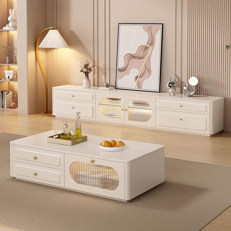 奶油风电视柜茶几组合简约现代实木奶白落地柜轻奢收纳储物柜边柜