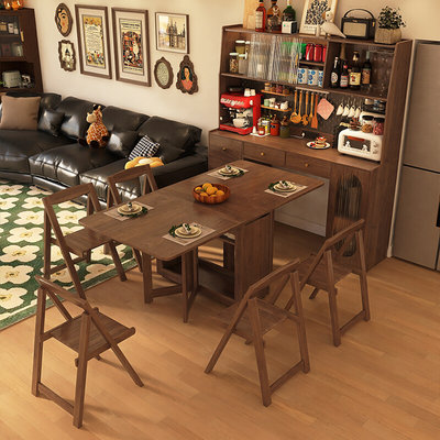 实木折叠餐桌餐边柜一体可伸缩式移动小户型带胡桃色靠墙家用桌子