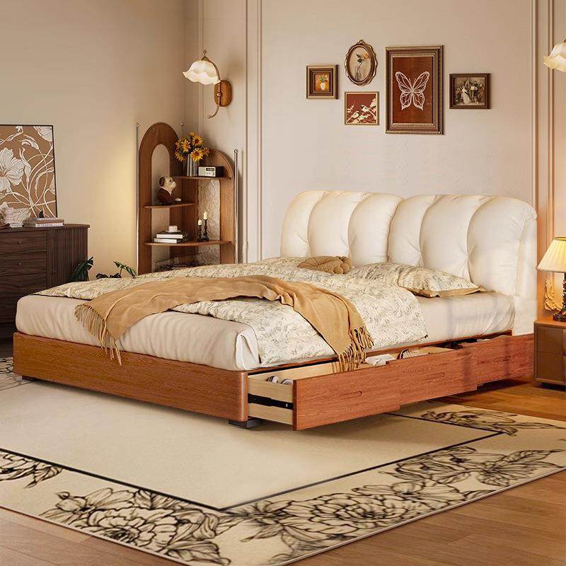 中古云朵床真皮软包床复古带抽屉储物床主卧意式极简白蜡木双人床