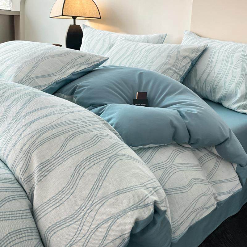 60支纯棉双层纱床上四件套100全棉床品简约曲线蓝色床单3件套床笠,电子/电工,接线端子,淘宝优惠券,粉丝福利购,淘宝优惠卷