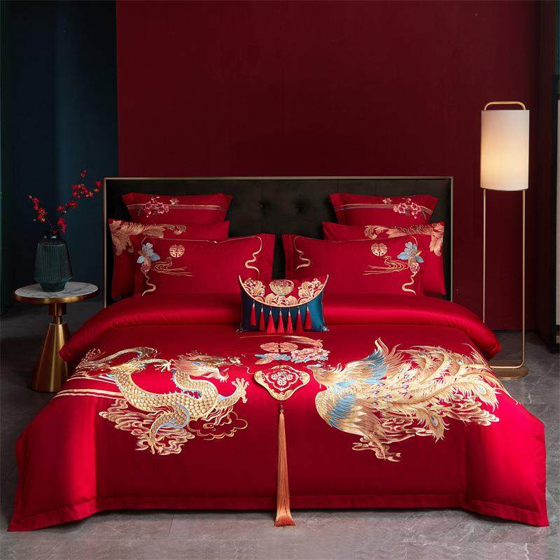 长绒棉结婚四件套纯棉新中式婚庆刺绣新婚床上红色喜被婚嫁婚房