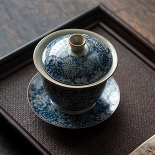 青花三才盖碗汝窑老陶泥功夫茶具单个高S档家用陶瓷泡茶碗