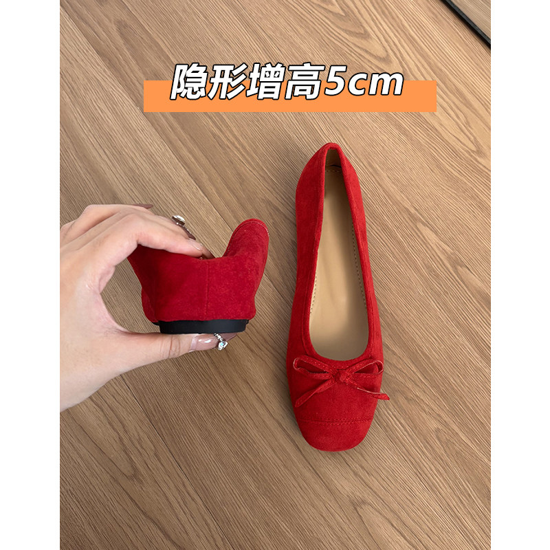 真皮红色内增高蝴蝶结芭蕾鞋女