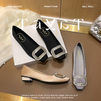 羊皮法式气质水钻黑色厚黑穿单鞋