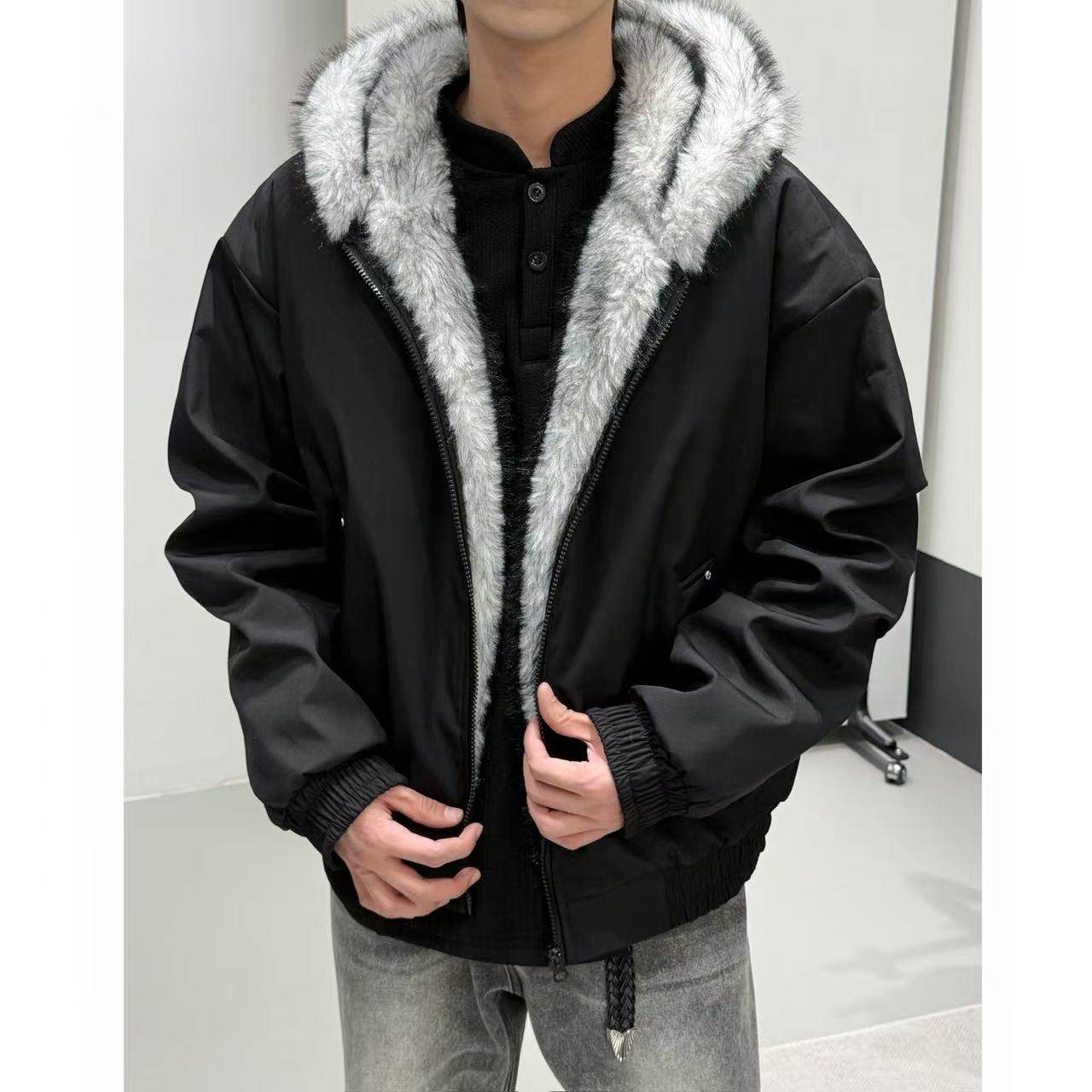 狼王貂毛座山雕棉服外套男款冬季加绒加厚重磅大毛领连帽棉衣夹克