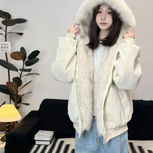 冬季新款大理石座山雕连帽棉服男女款冬季PU皮加厚仿貂毛保暖棉服