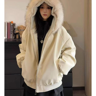 冬季新款大理石座山雕连帽绒毛棉衣外套男女冬季PU皮加厚保暖棉服