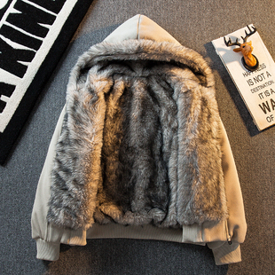 狼王2代座山雕夹克棉服男款冬季仿毛绒保暖潮牌毛领短款棉衣外套