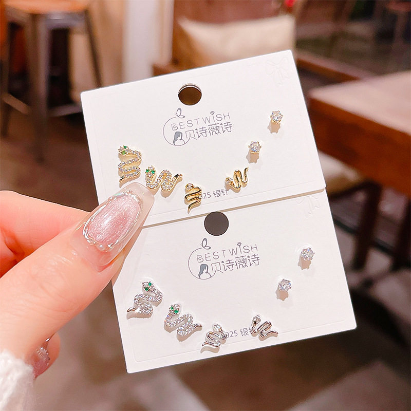 秋季新品本名蛇年锆石三对装耳钉 女银针韩版耳钉6件套耳环饰品