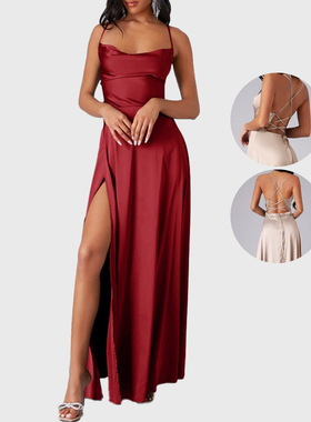 2025年新款欧美外贸女装性感显瘦修身露背亚马逊吊带收腰礼服长裙