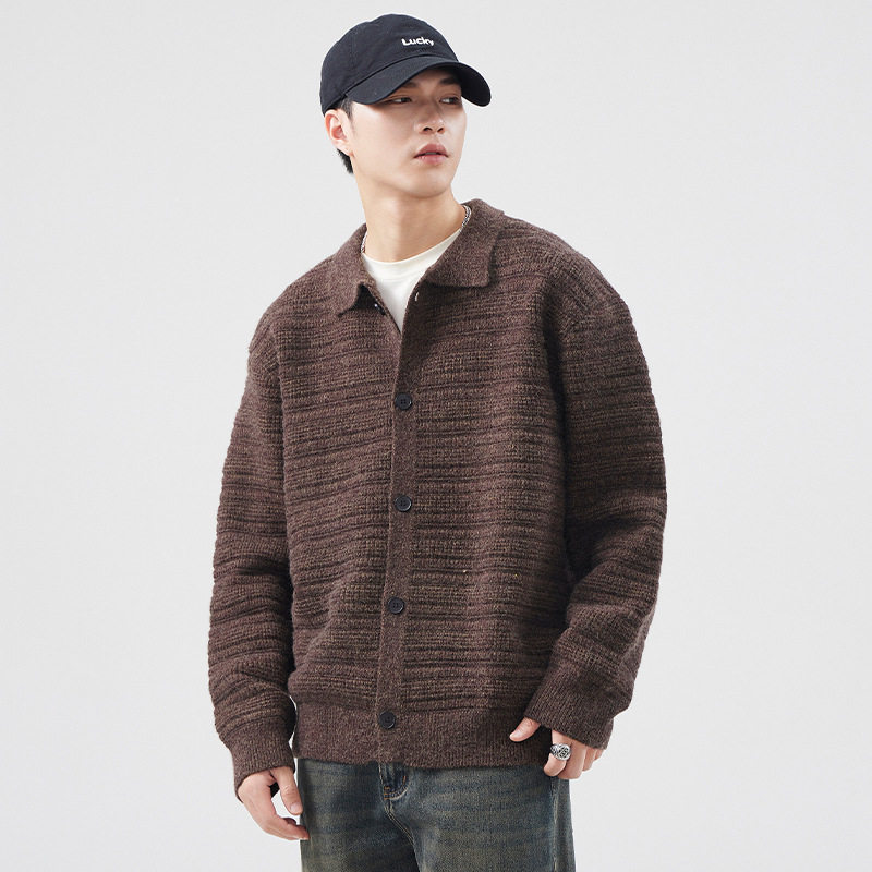 高级感开衫针织毛衣男秋冬新款宽松休闲翻领外套男士潮牌复古开衫