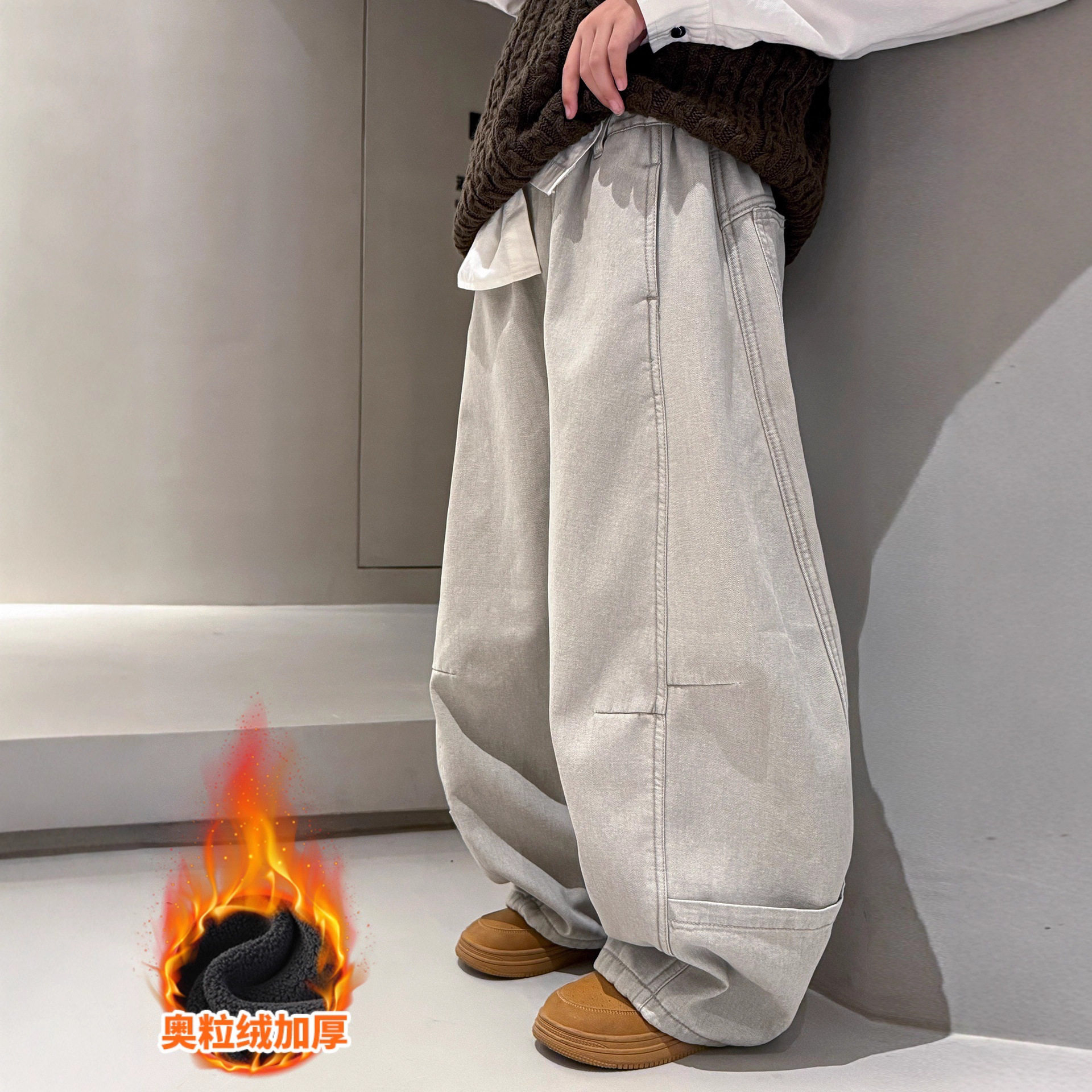 男童加绒裤子秋冬儿童一体绒加厚牛仔裤男孩痞帅工装裤大童弯刀裤