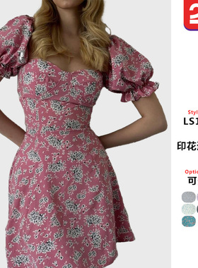 2026春夏装欧美亚马逊外贸女装系带复古碎花高腰泡泡袖法式连衣裙