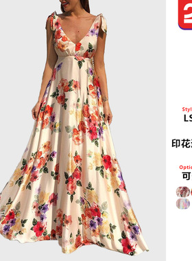 2025新春夏亚马逊外贸女欧美装漏背印花大摆无袖吊带连衣长裙