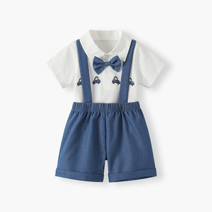 周岁男宝2026新款绅士学院风背带裤套装夏季薄款衬衫短裤短袖礼服