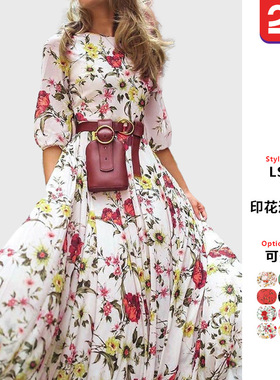 2026春秋欧美新款亚马逊连衣裙数码印花大摆气质碎花修身长裙