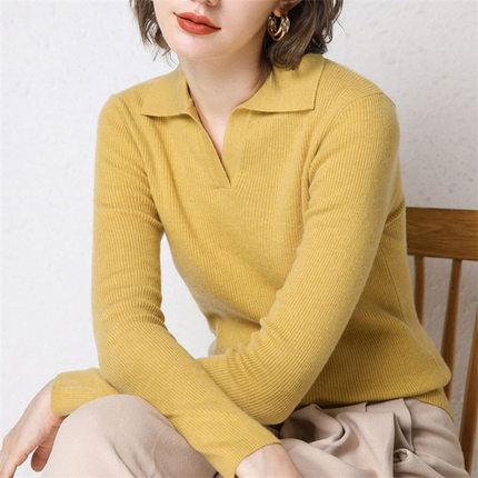 2022年秋冬新款Polo领针织衫女设计感修身短款上衣打底长袖毛衣女