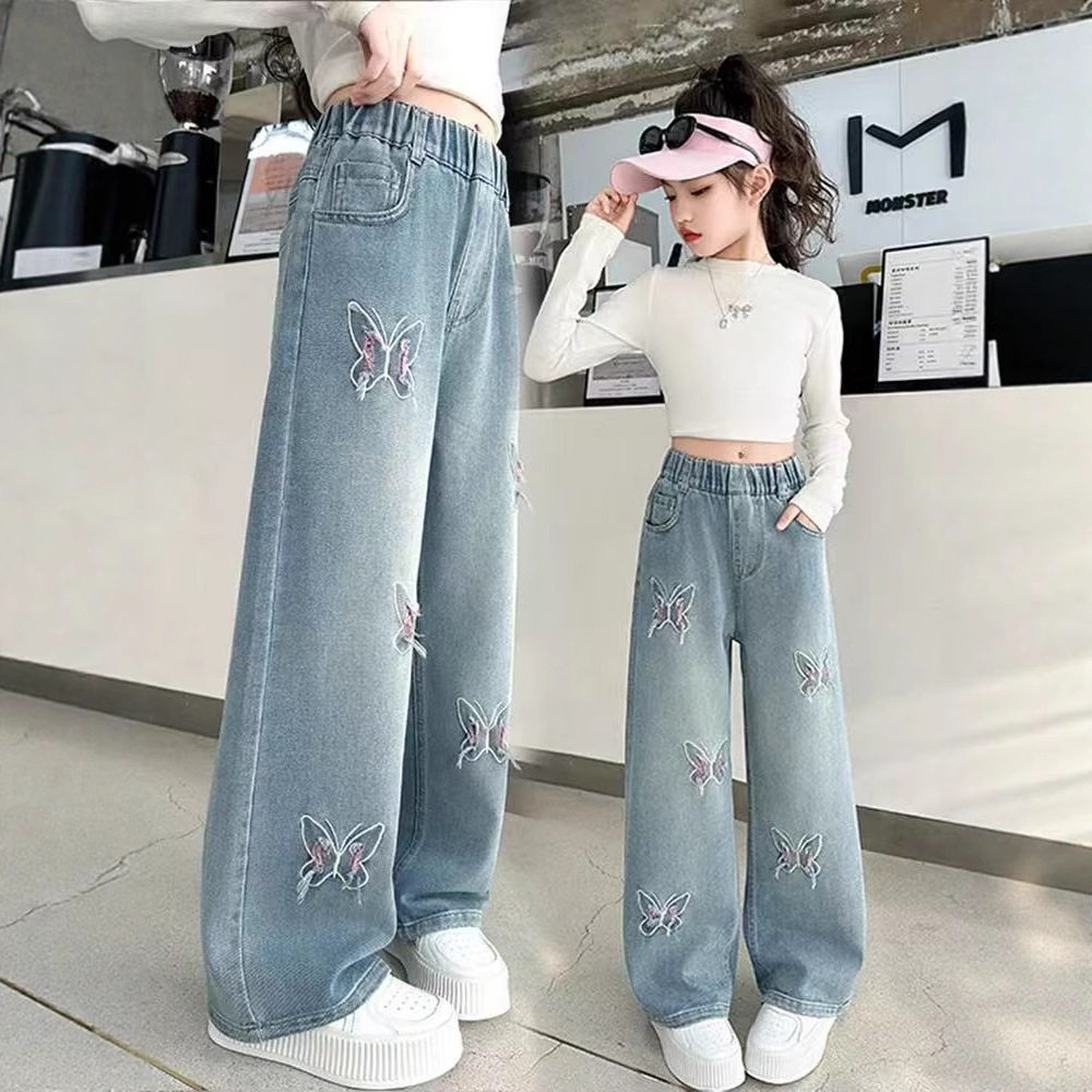 女童直筒牛仔裤春秋款2026新款儿童裤子女孩加绒冬装阔腿裤初中生