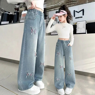 女童直筒牛仔裤春秋款2026新款儿童裤子女孩加绒冬装阔腿裤初中生