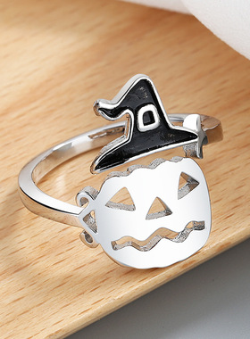 欧美戒指万圣节女巫帽子扫把扫帚拖把南瓜灯镂空简约指环戒指爆款