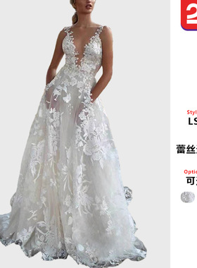 2025年欧美女装蓬蓬裙蕾丝新娘婚纱礼服亚马逊性感白色吊带伴娘服