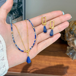 欧美复古简约高级感时尚气质百搭多切面青金石吊坠项链轻奢锁骨链