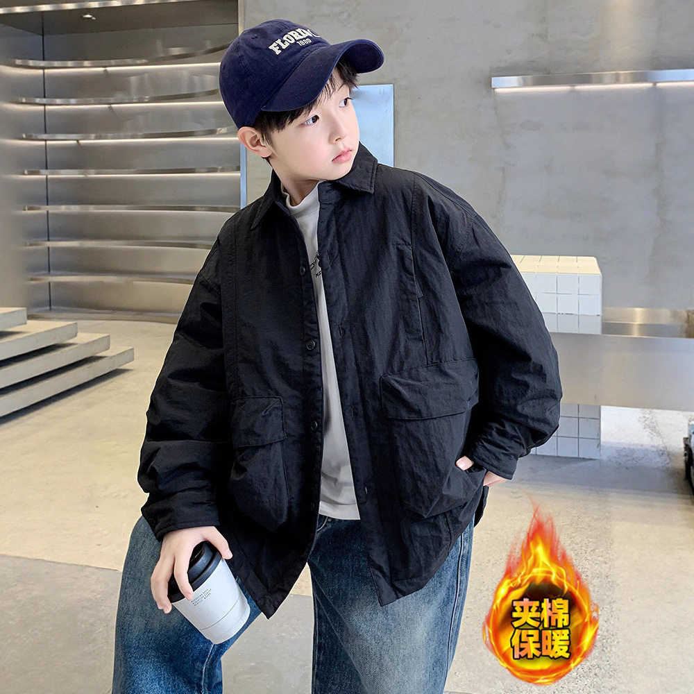 男童夹棉外套秋冬款2025新款儿童装冬季加棉加厚衬衫棉衣男孩冬装