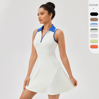 欧美翻领连体网球裙女速干透气收腰撞色运动休闲健身连衣裙42157