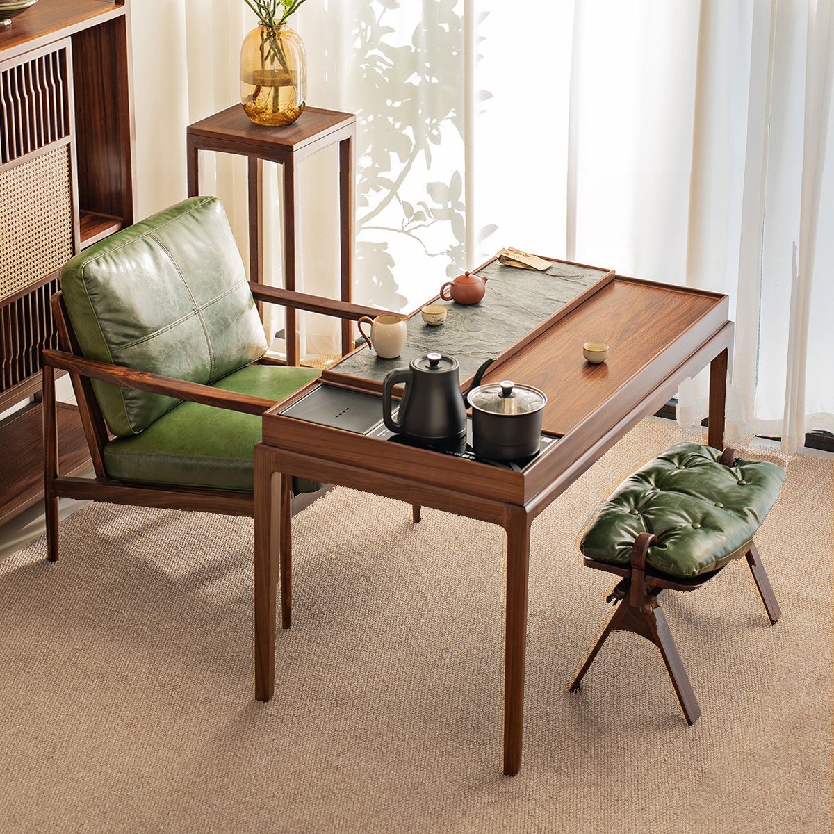 单里宋式美学岩板茶桌新中式收纳茶台高端小户型阳台茶桌黑胡桃色,住宅家具,家用茶台/茶桌,淘宝优惠券,粉丝福利购,淘宝优惠卷