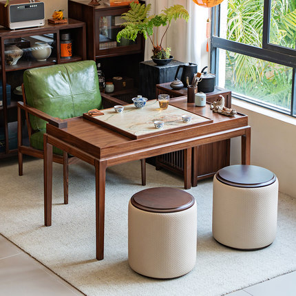 单里黑胡桃色岩板乌金木实木阳台茶桌新中式收纳小茶台高端小户型