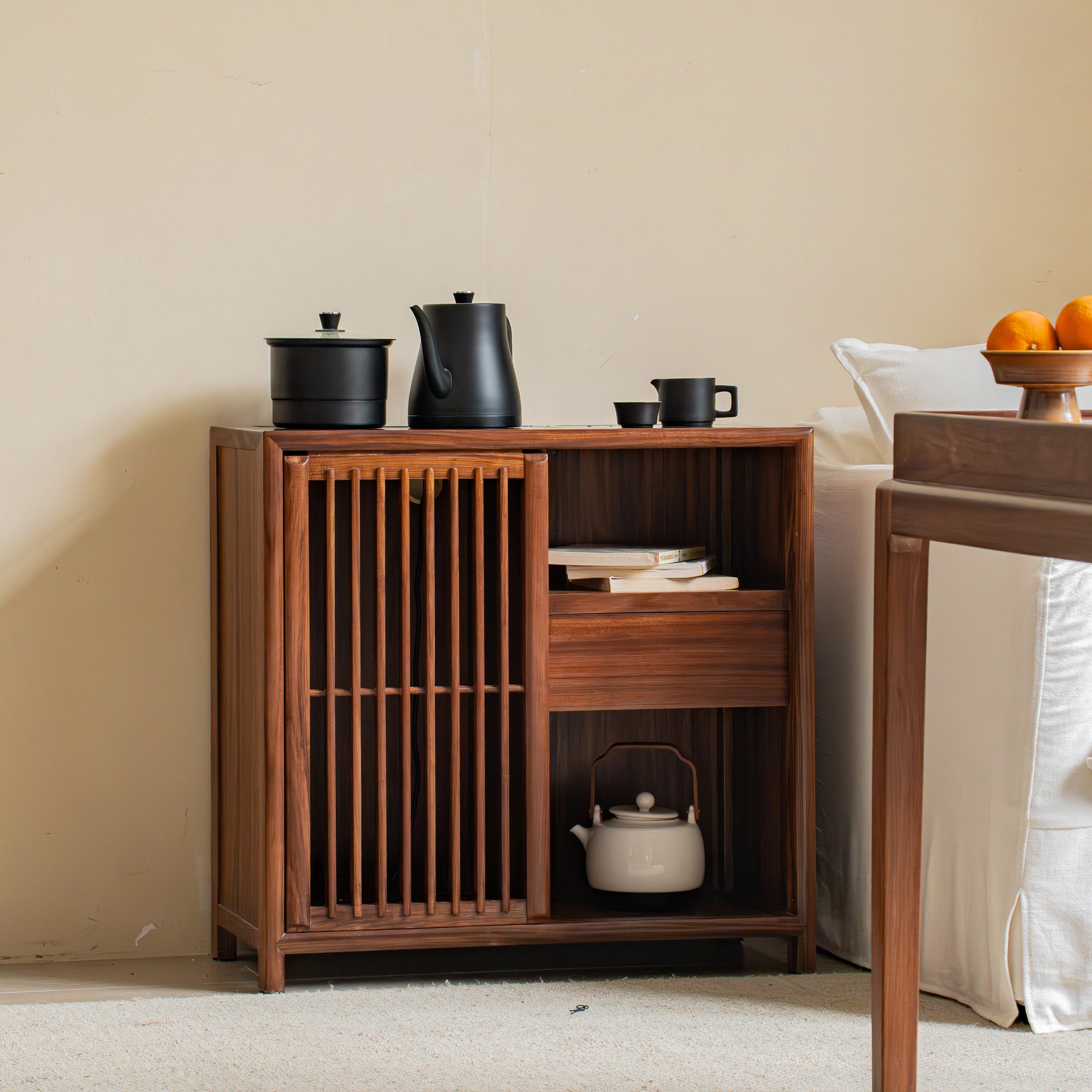 茶水柜宋式美学移动小茶桌茶台乌金木实木茶车水柜带上水轮茶边几