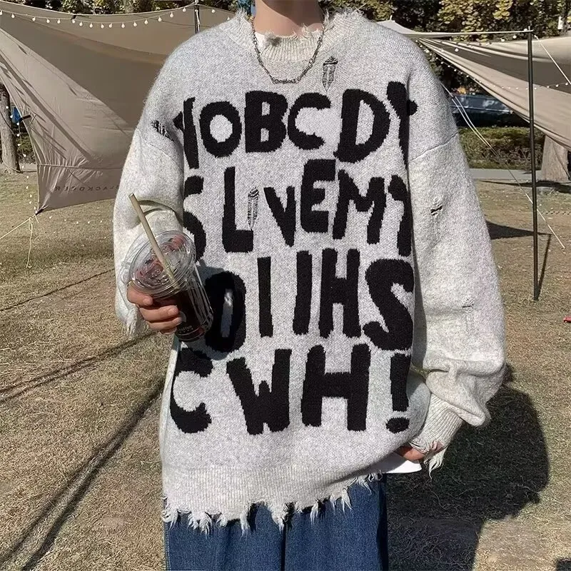 美式高街复古圆领套头针织衫慵懒风宽松潮牌毛线衣外套毛衣男款