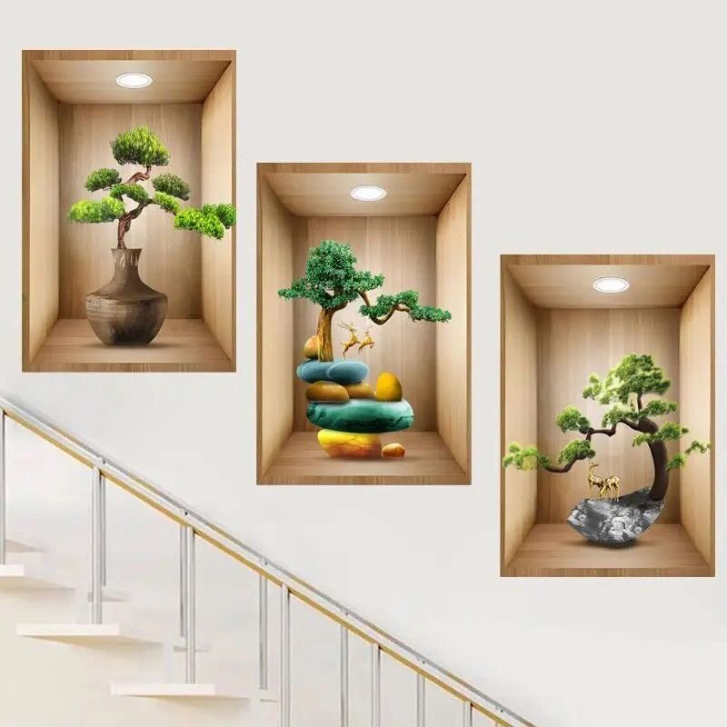 新款3D立体效果盆栽贴画客厅三联装饰画出租屋过道楼梯墙面自粘画