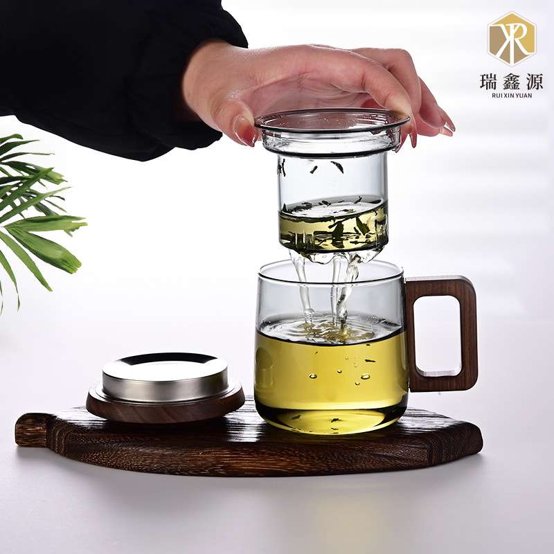 玻璃茶杯带手柄带盖子茶水分离创意高档过滤茶道杯办公室喝水杯