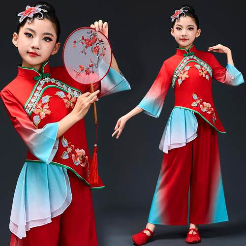 新款儿童红色中国风扇子舞舞蹈服装女童陜北扭秧歌服喜庆表演出服