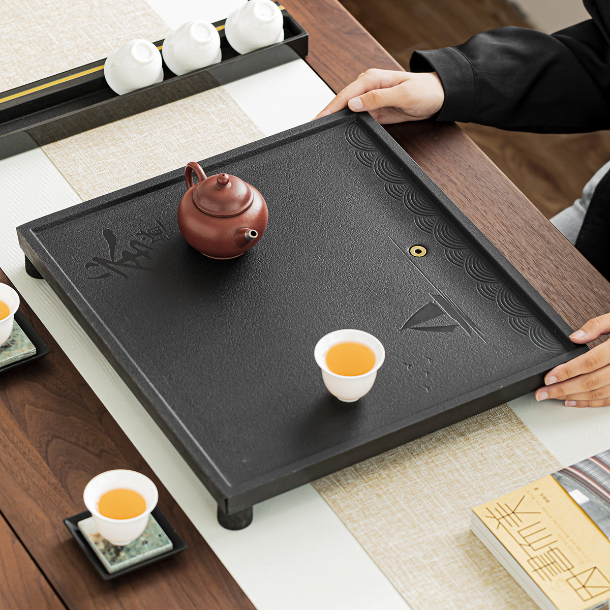 乌金瓷石茶盘整块家用办公室桌面茶几泡茶台单层简约可嵌入茶车