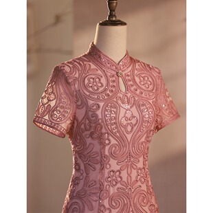 妈妈婚宴装短袖旗袍婚礼礼服喜婆婆新款浅色蕾丝高端优雅连衣裙