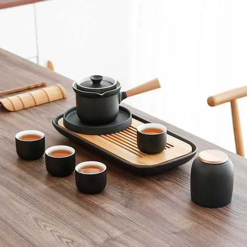 众人品陶瓷侧把茶壶功夫旅行茶具套装茶盘三四杯便携包防烫泡茶壶